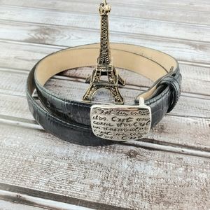 Carolee French Words Buckle Handmade Leather Belt